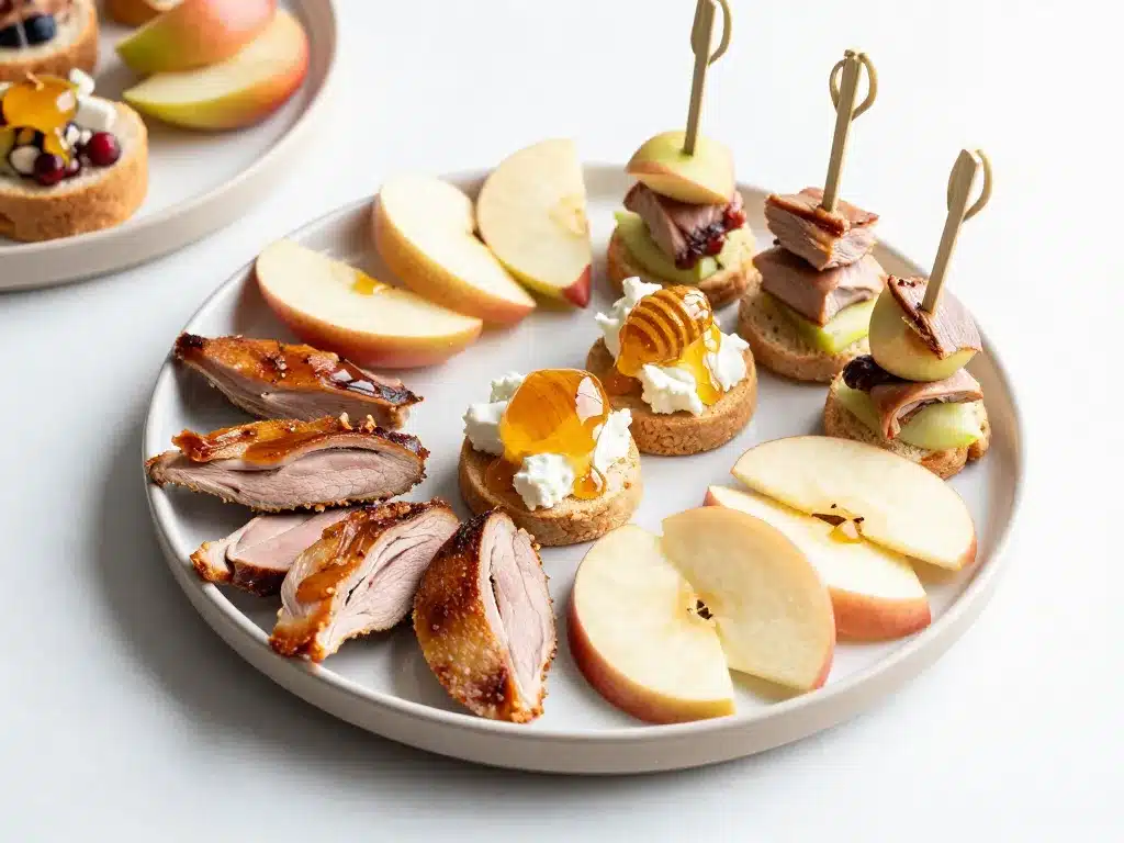 Amuses bouches apéritif avec magret de canard séché et pomme variées sur plateau