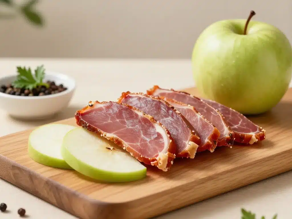 Amuses bouches apéritif avec magret de canard séché et pomme contrastées