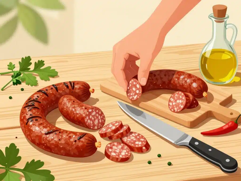 Sélection et découpe chorizo barbecue sur table en été