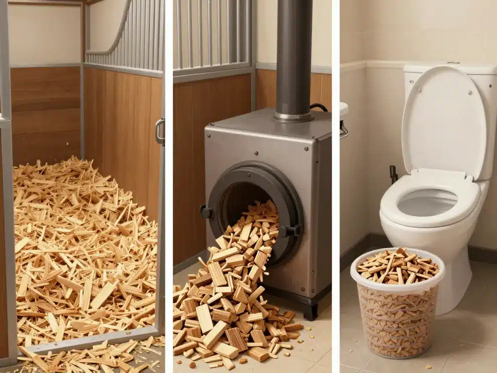 copeaux de bois litière animale chauffage toilettes sèches