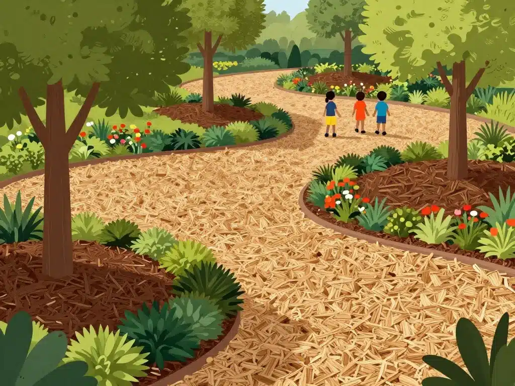 copeaux de bois paillage jardin allées aires de jeux