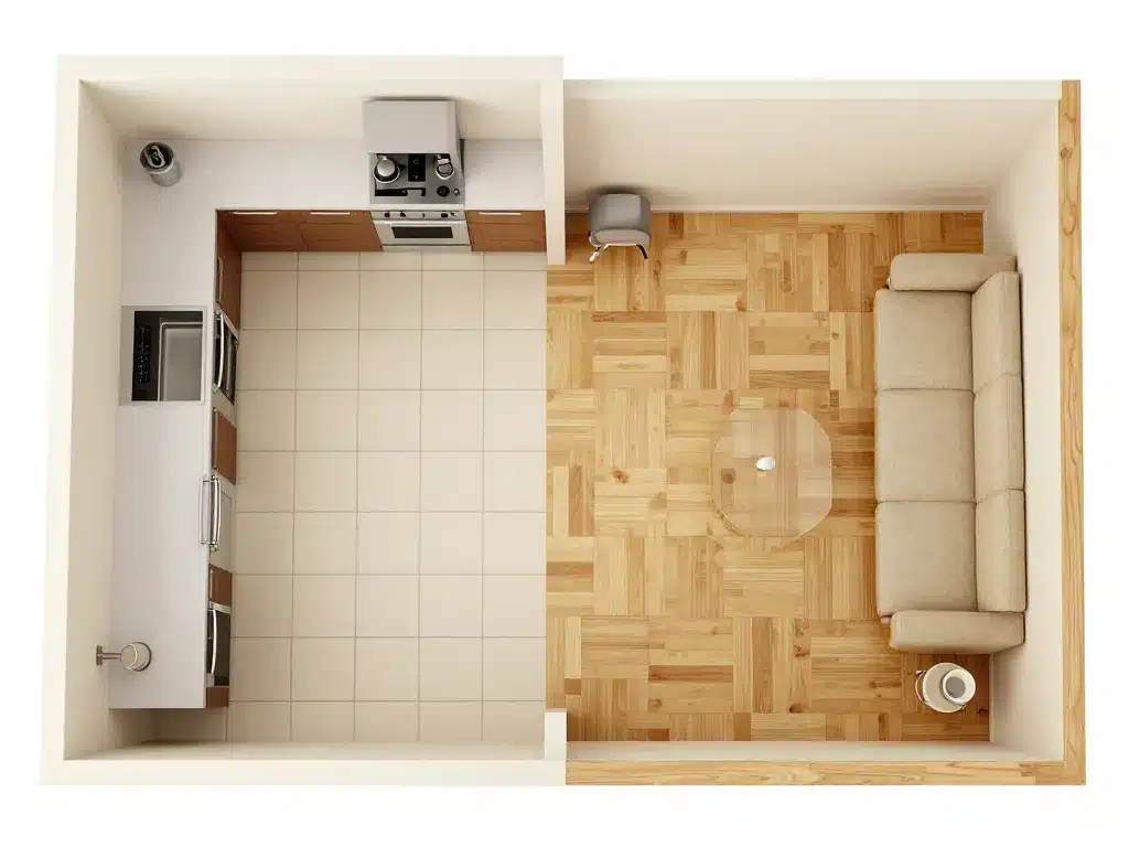 Plan cuisine carrelage salon parquet volume cohérent