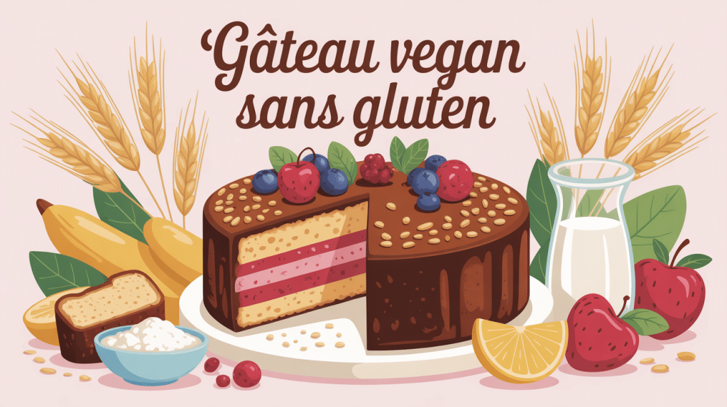 gateau vegan sans gluten entouré d'ingrédients colorés