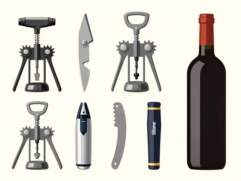 nom tire bouchon principaux types en scène avec bouteille