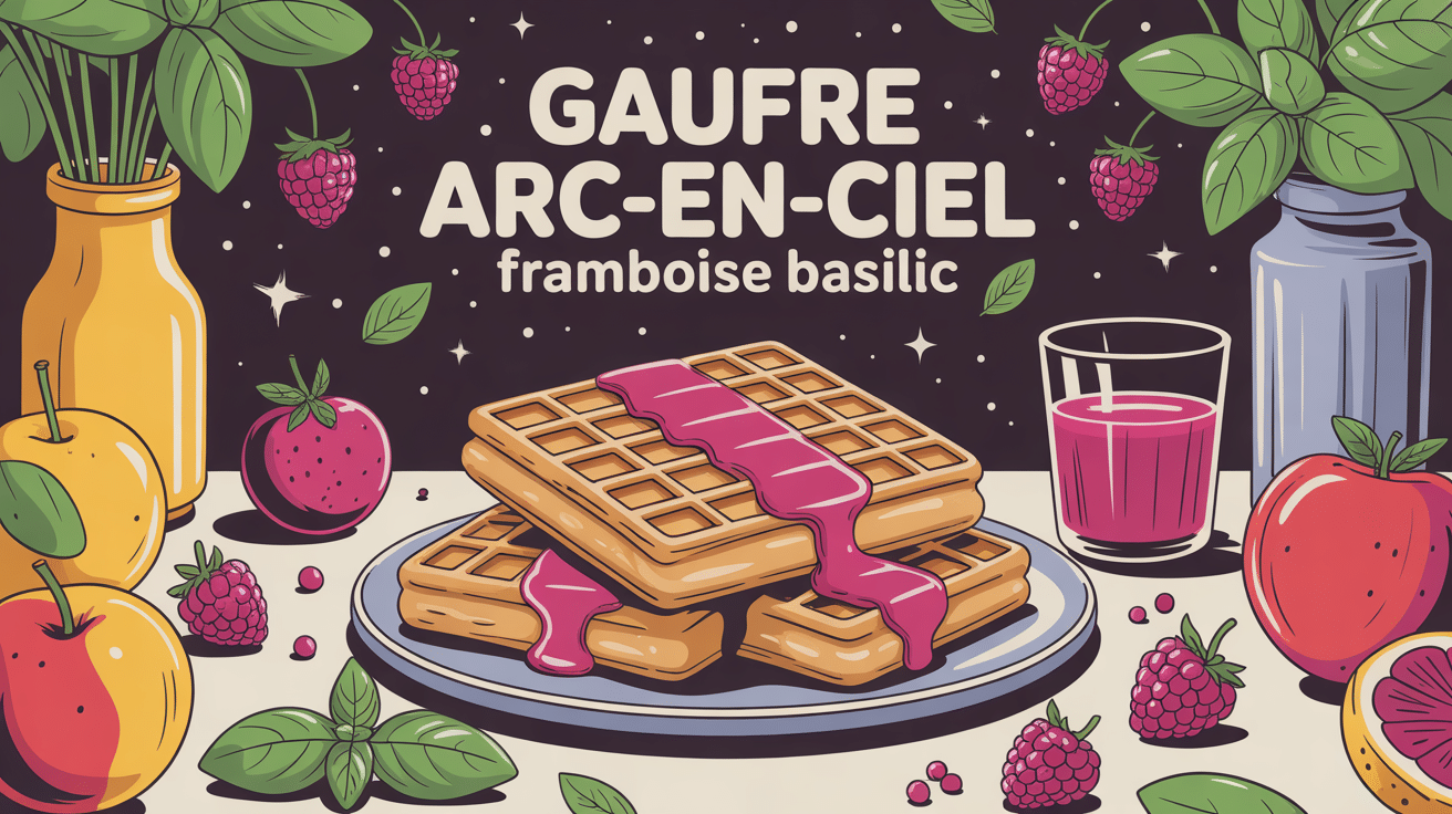 Recette gaufre arc en ciel framboise basilic en illustration colorée