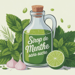Illustration bouteille sirop de menthe sans sucre maison