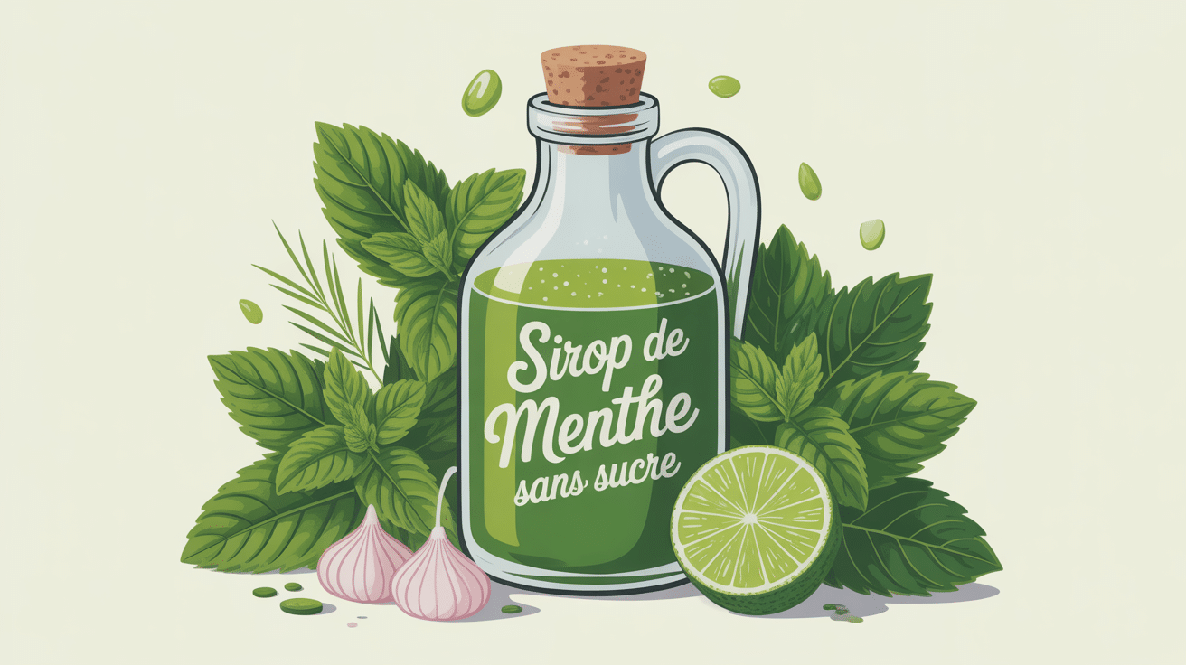 Illustration bouteille sirop de menthe sans sucre maison