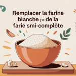 Illustration remplacer farine blanche par farine semi-complète sur plan de travail
