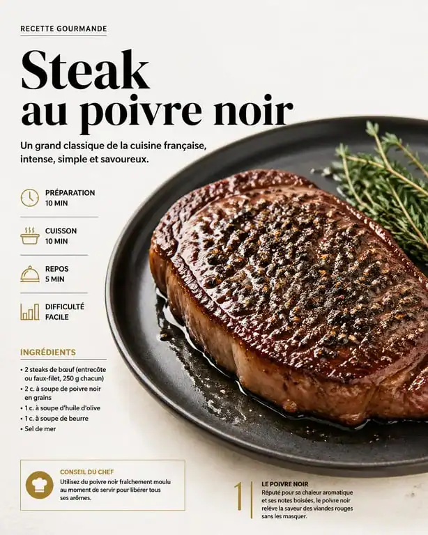 Steak au poivre noir en grain fraîchement moulu dans une assiette