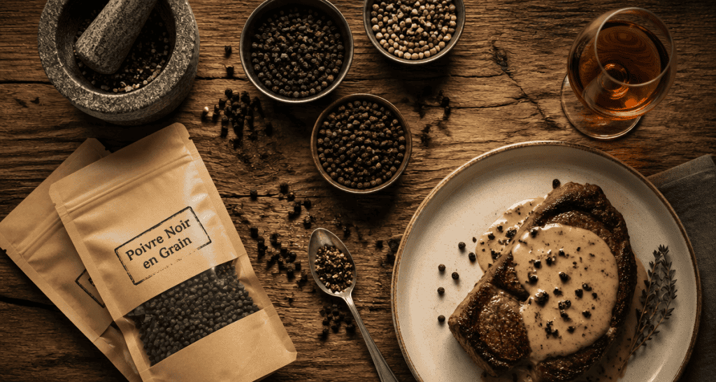 poivre noir en grain mortier sachets steak