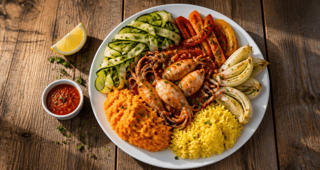 Accompagnement encornets avec légumes et riz safrané