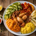 Accompagnement encornets avec légumes et riz safrané