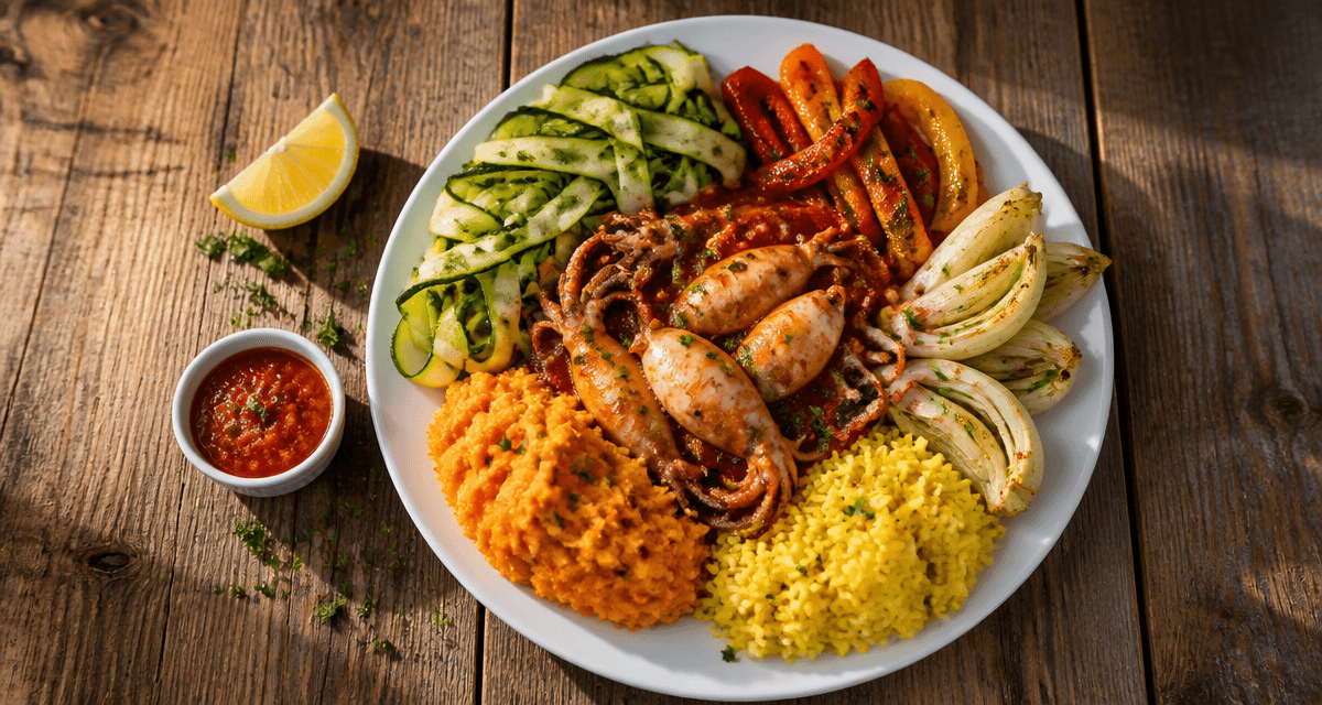 Accompagnement encornets avec légumes et riz safrané