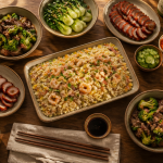 Accompagnement riz cantonais sur table asiatique conviviale
