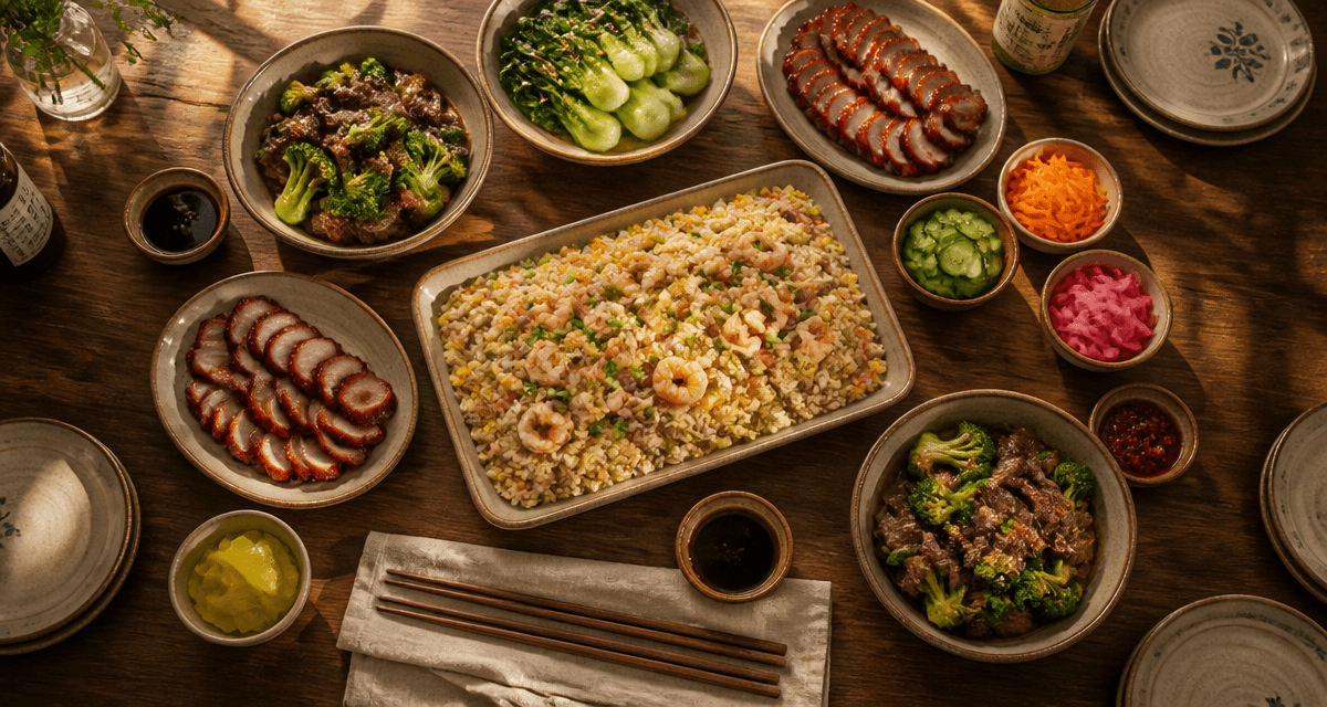 Accompagnement riz cantonais sur table asiatique conviviale