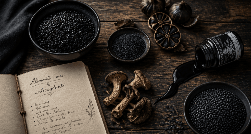 aliments noirs variés sur table en bois