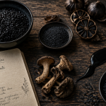 aliments noirs variés sur table en bois