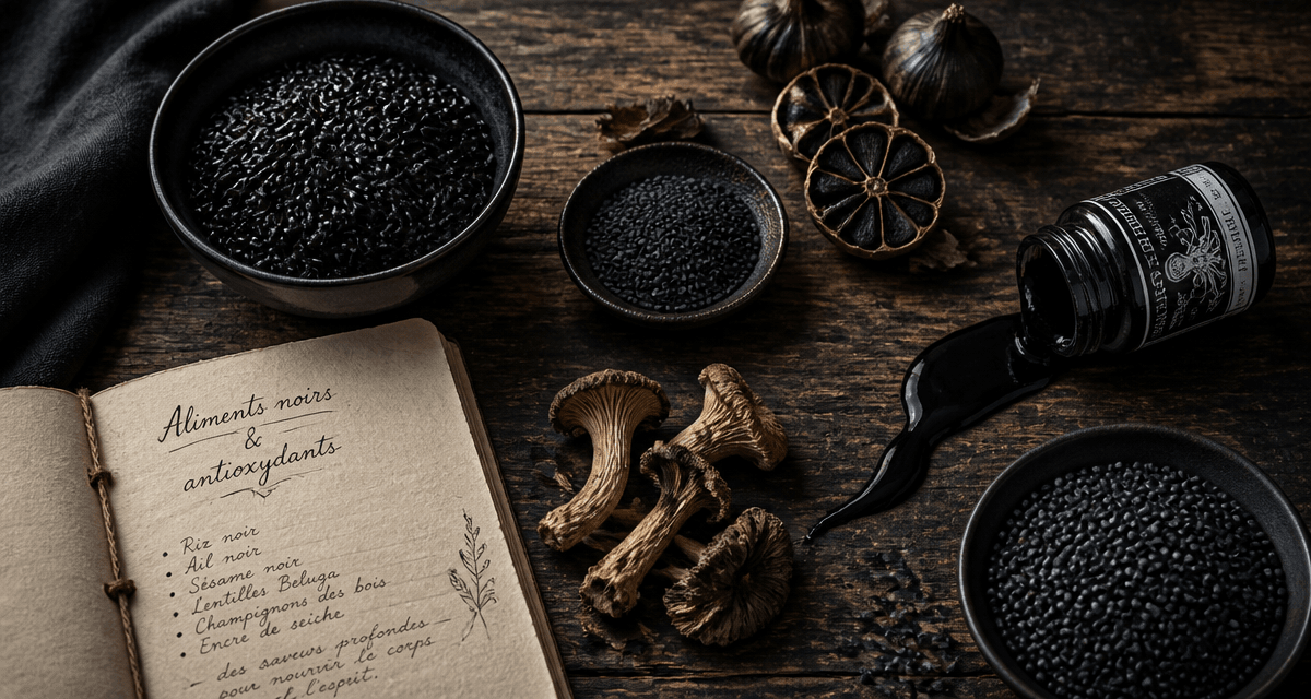 aliments noirs variés sur table en bois