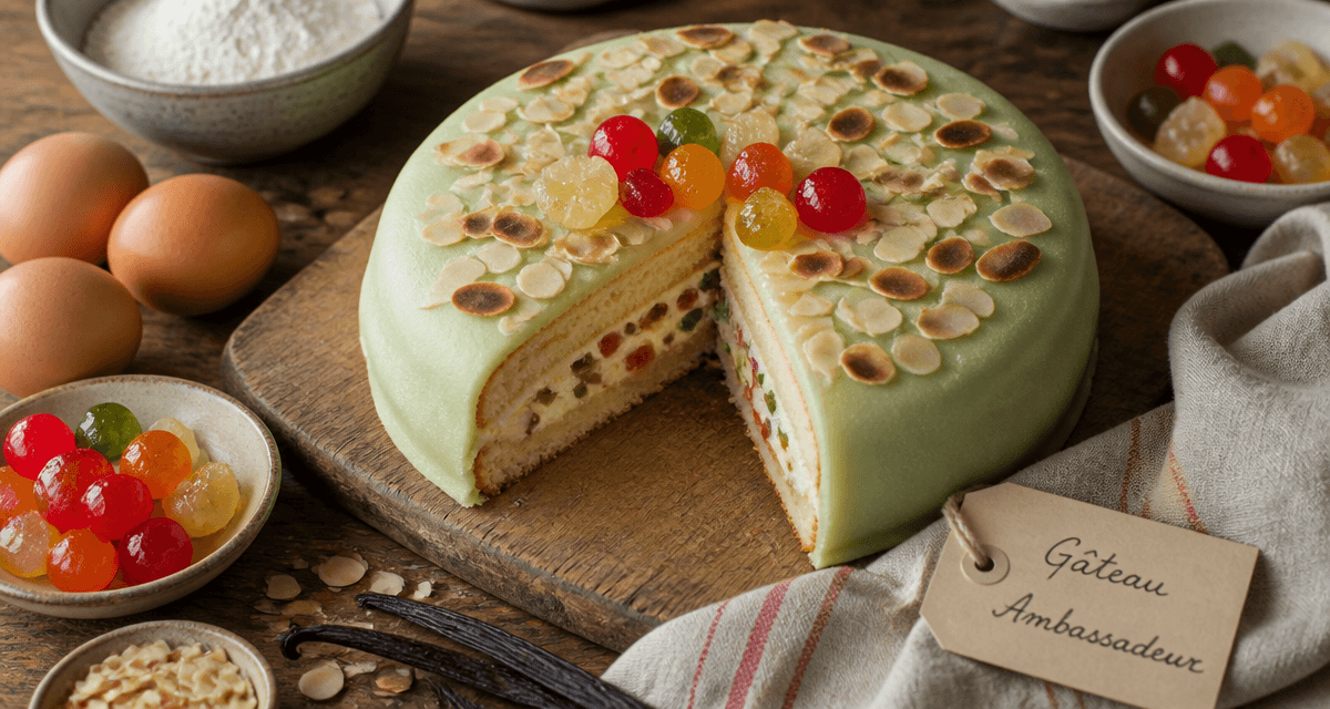 ambassadeur gateau traditionnel tranché avec fruits confits et pâte d'amande