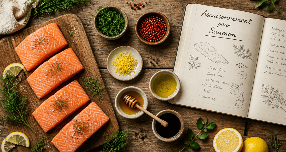 assaisonnement pour saumon et épices sur table