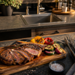 Barbecue cuisine extérieure avec plan de travail en pierre et ustensiles inox
