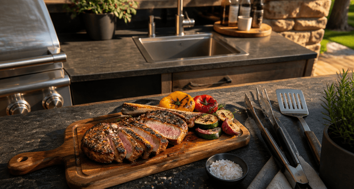 Barbecue cuisine extérieure avec plan de travail en pierre et ustensiles inox