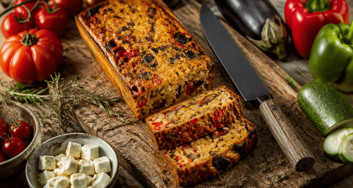 cake ratatouille tranché sur planche avec légumes