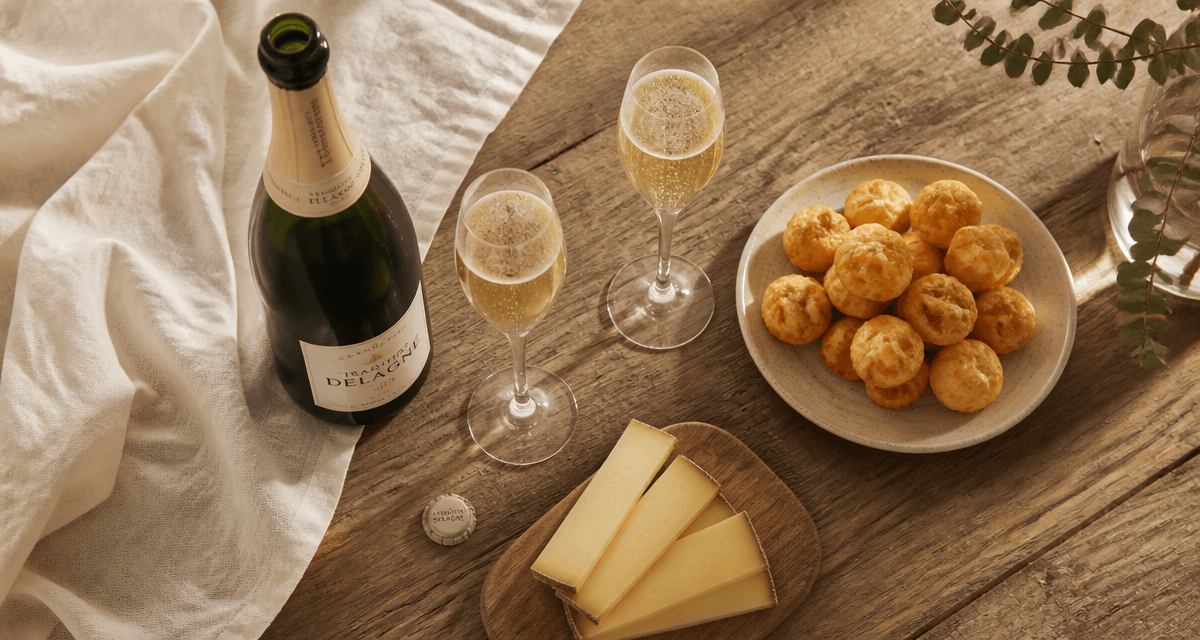 champagne tradition de delagne bouteille flûtes gougères comté