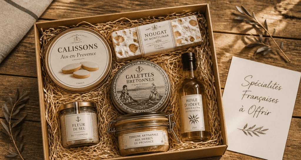 Coffret cadeau spécialités françaises à offrir sur table en bois