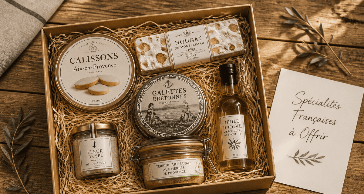 Coffret cadeau spécialités françaises à offrir sur table en bois