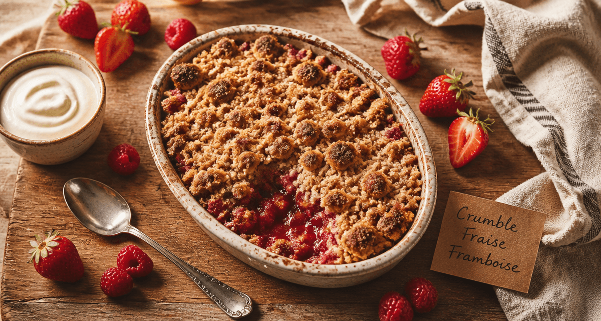 crumble fraise framboise doré en plat rustique