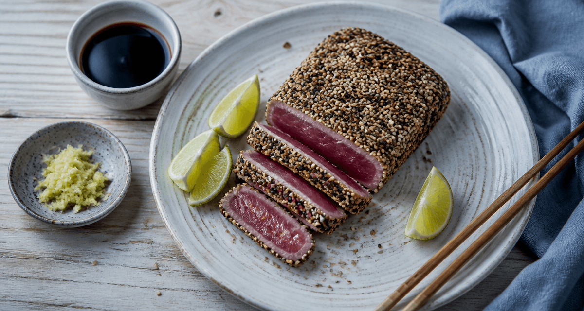 Cuisson d un steak de thon mi cuit croûte sésame assiette