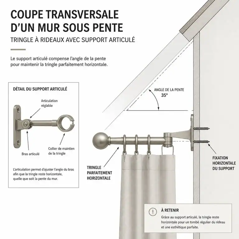 Schéma d'installation d'une tringle à rideau sous pente avec support articulé