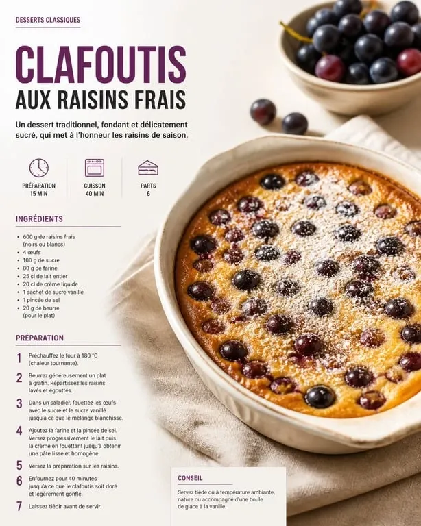 Clafoutis aux raisins frais, une recette au raisin gourmande et facile à réaliser.