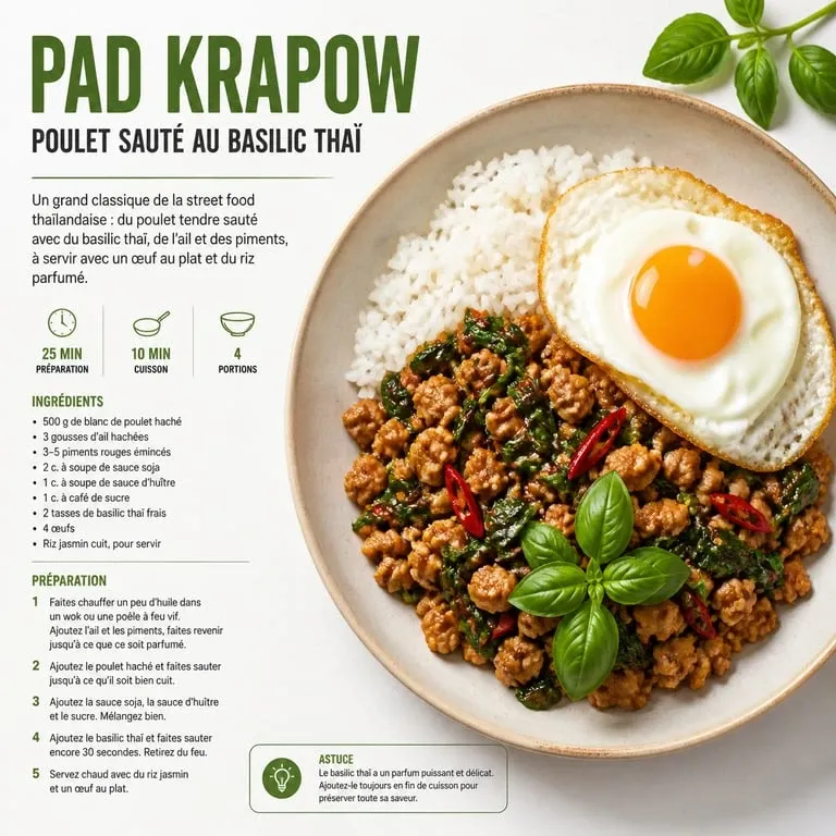 Plat de poulet sauté au basilic thaï (Pad Krapow) avec œuf au plat