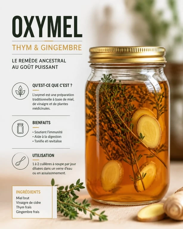 Bocal d'oxymel maison au thym et gingembre, recette naturelle