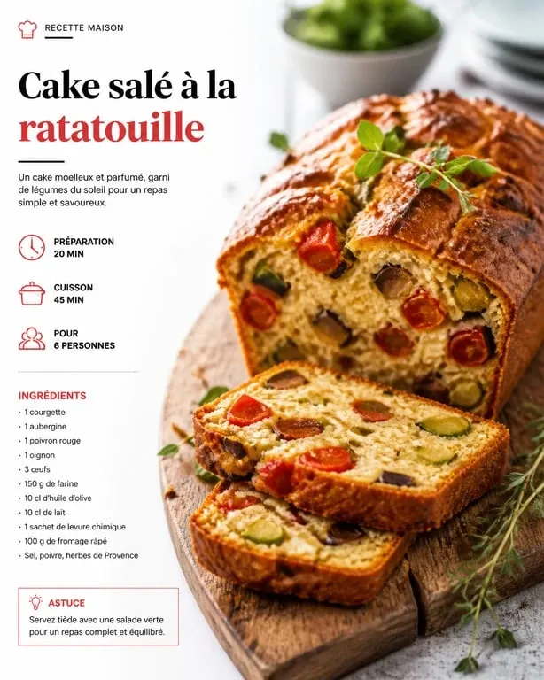 Cake à la ratatouille maison tranché sur une planche en bois