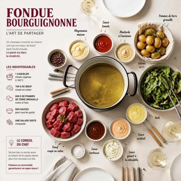 Table dressée avec accompagnements pour une fondue bourguignonne