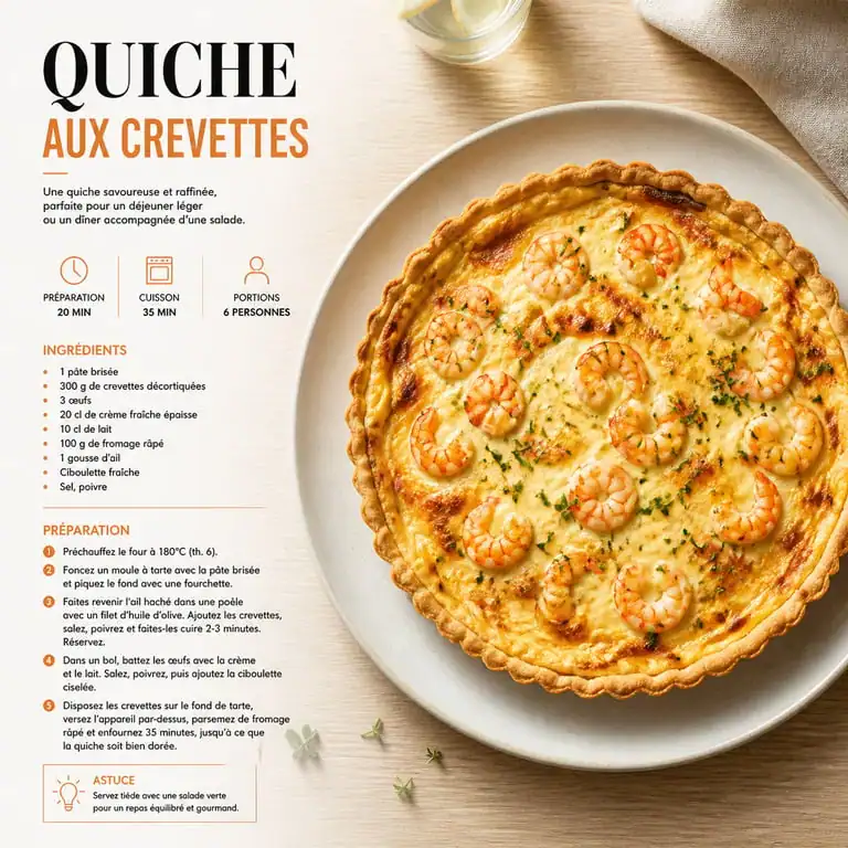 Quiche aux crevettes dorée et appétissante servie sur une assiette
