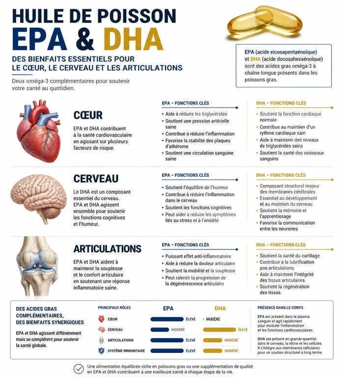 Infographie des bienfaits de l'huile de poisson sur la santé cardiovasculaire, cognitive et articulaire