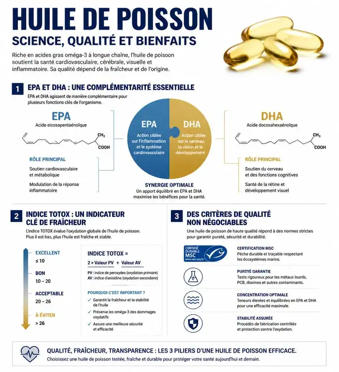 Infographie des bienfaits et critères de qualité de l'huile de poisson oméga 3