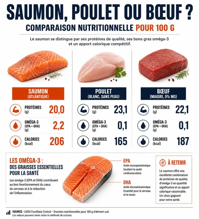 Infographie nutritionnelle comparant les apports du saumon, du poulet et du bœuf pour comprendre pourquoi le saumon ne fait pas grossir