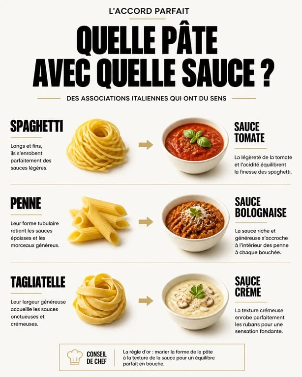 Infographie sur l'association des pâtes italiennes et des sauces pour choisir la meilleure marque de pâtes.