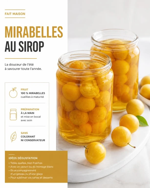 Bocaux de mirabelles au sirop maison préparés sans stérilisation