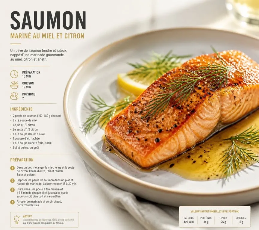 Pavé de saumon mariné au citron et miel, prêt à être dégusté