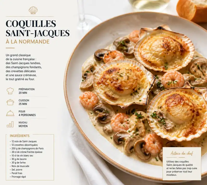 Recette de coquilles Saint-Jacques à la normande gratinées