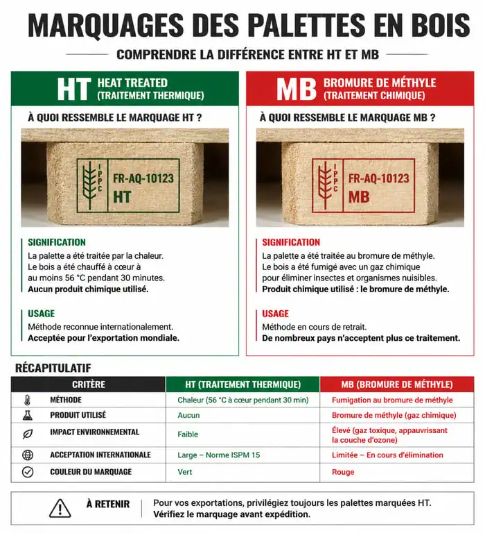 Infographie des marquages de sécurité pour palettes en bois : HT vs MB