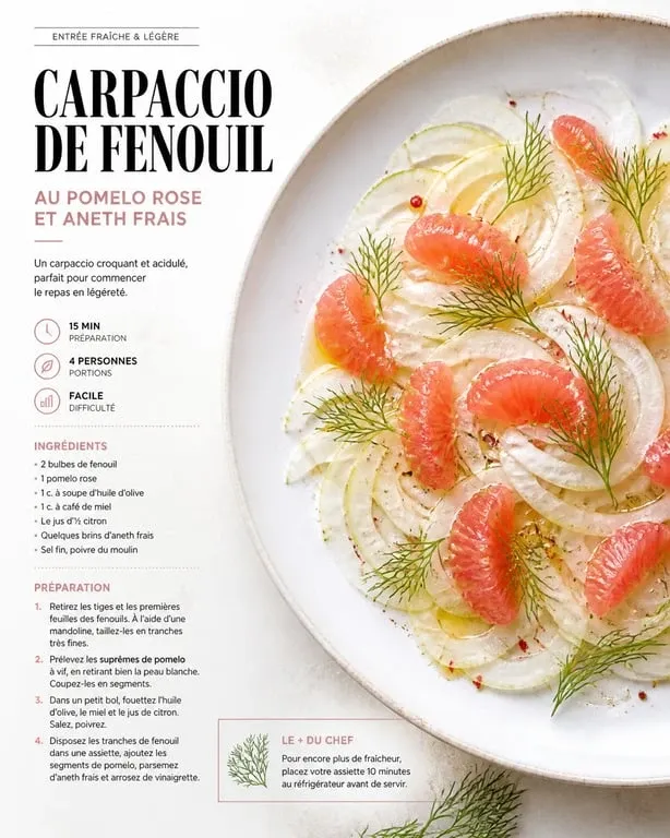 Carpaccio de fenouil et pomelo, une entrée légère et rafraîchissante avant un aïoli