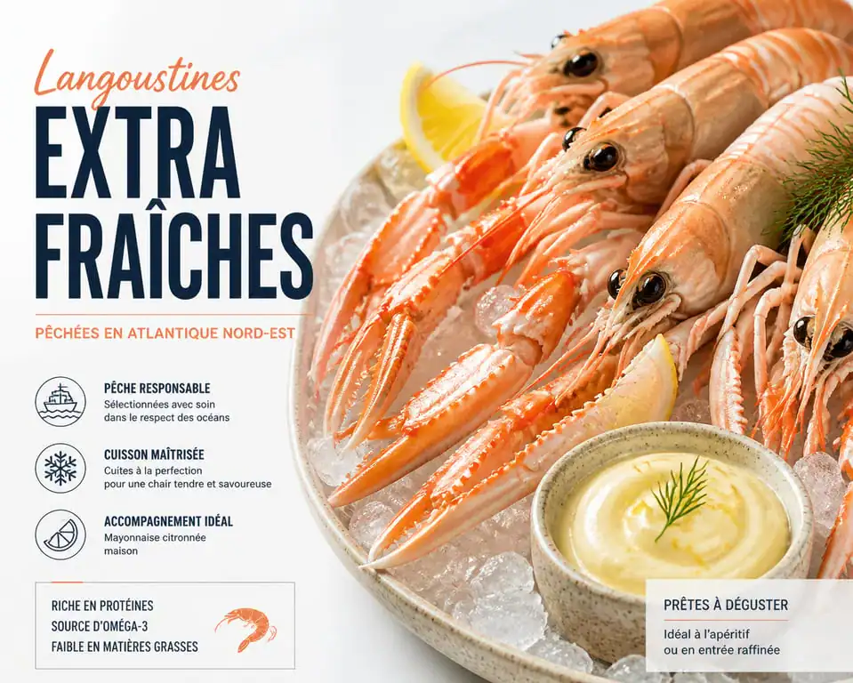 Langoustines surgelées cuites et dressées sur un plateau de fruits de mer avec mayonnaise citronnée