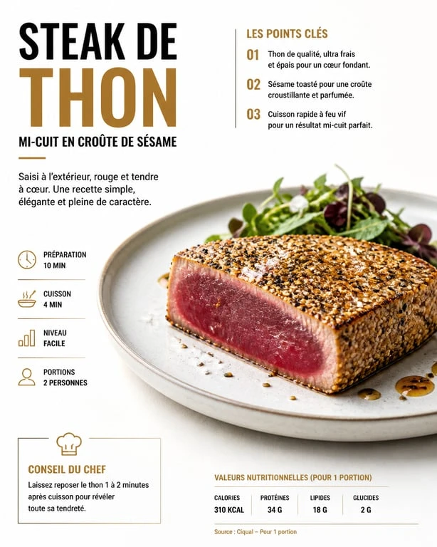 Steak de thon mi-cuit en croûte de sésame sur assiette